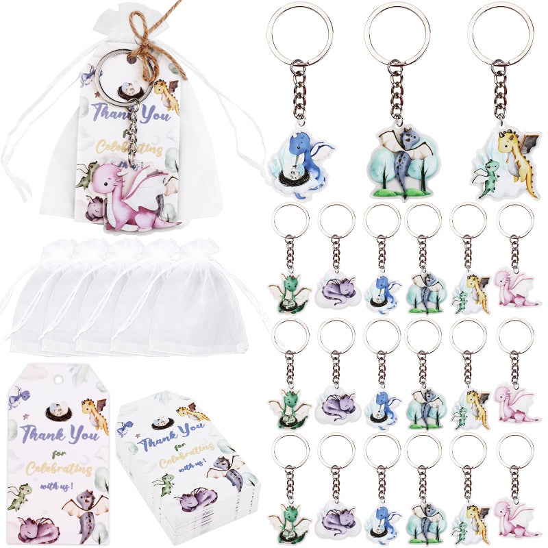 Serencatcher 72Pcs Dragon Party Favors, Dragon Baby Shower Decorations, Watercolor Dragon Thank You Tags Keychain White Organza Bags for Hatching Soon Baby Shower Birthday Party Supplies - Image 1