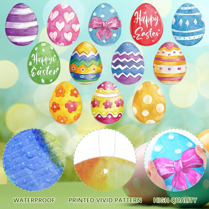 Memorywuu 12 Pcs 7.9 Inch Large Outdoor Easter Decorations Easter Egg Outdoor Hanging Ornaments Signs Double Sided Colorful Egg Shaped Decorations for Tree Lawn Porch Yard Outside Party Decor - Image 2