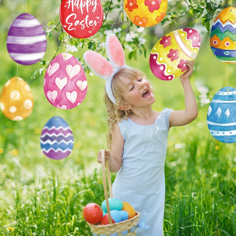 Memorywuu 12 Pcs 7.9 Inch Large Outdoor Easter Decorations Easter Egg Outdoor Hanging Ornaments Signs Double Sided Colorful Egg Shaped Decorations for Tree Lawn Porch Yard Outside Party Decor - Image 4