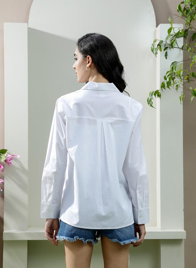 Athena White Cotton Palm Tree Embroidered Shirt - Image 4