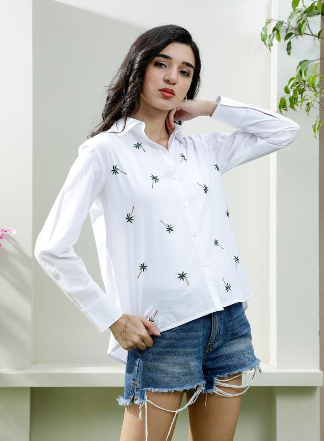 Athena White Cotton Palm Tree Embroidered Shirt - Image 3