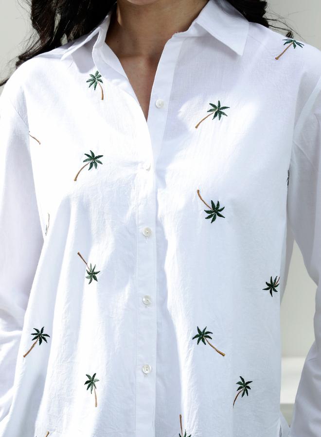 Athena White Cotton Palm Tree Embroidered Shirt - Image 5