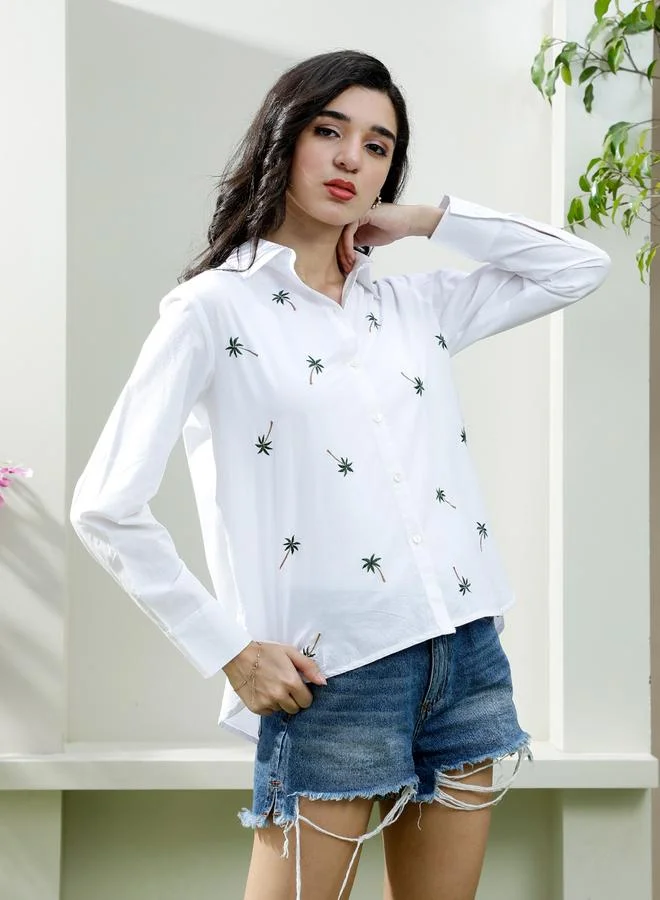 Athena White Cotton Palm Tree Embroidered Shirt