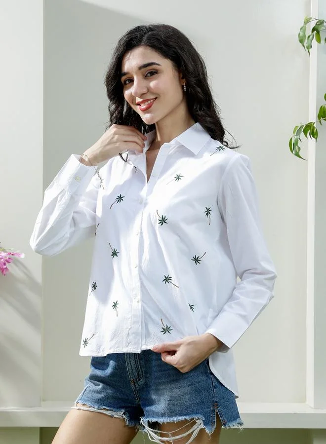 Athena White Cotton Palm Tree Embroidered Shirt