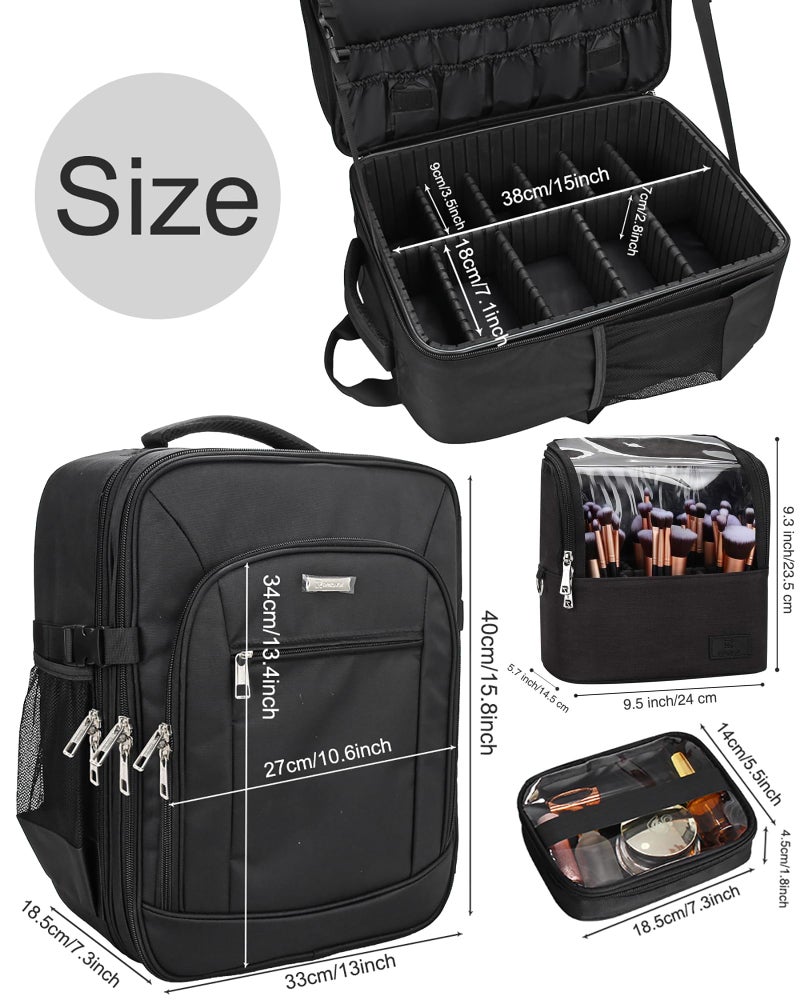 TANTO Makeup Backpack Makeup Artist Bag Professional Extra Large Cosmetic Bags Travel Train Case Storage Organizer Double-Layer Cosmetic Case with 4 Pouch and Brush Organizer (Black, two piece) - Image 4
