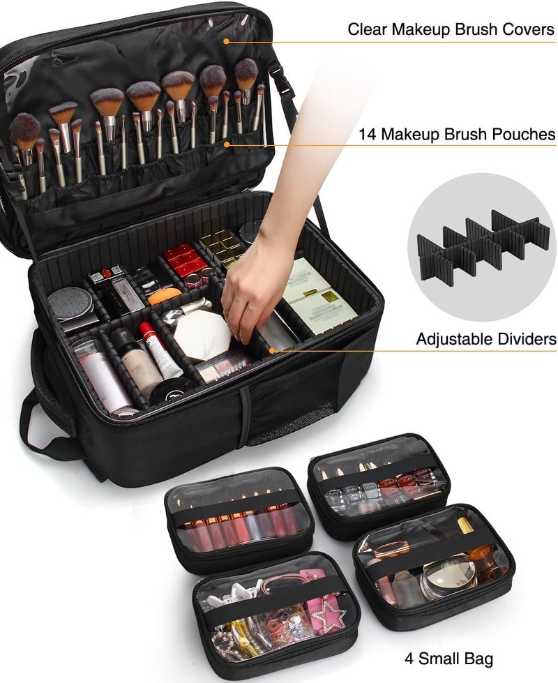 TANTO Makeup Backpack Makeup Artist Bag Professional Extra Large Cosmetic Bags Travel Train Case Storage Organizer Double-Layer Cosmetic Case with 4 Pouch and Brush Organizer (Black, two piece) - Image 3