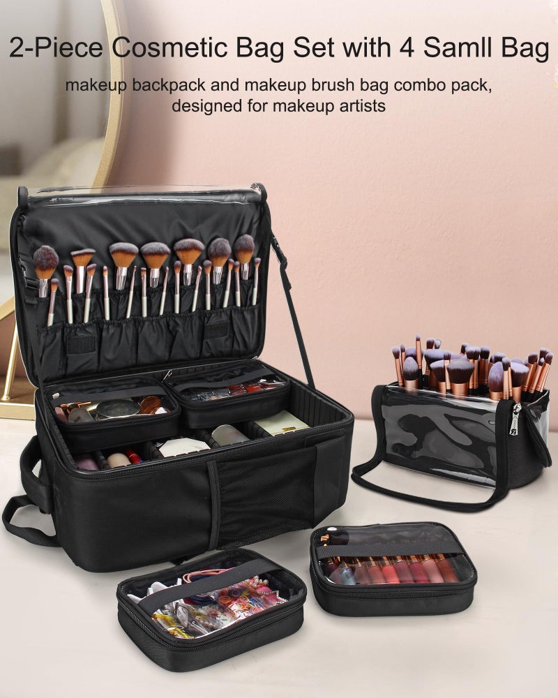 TANTO Makeup Backpack Makeup Artist Bag Professional Extra Large Cosmetic Bags Travel Train Case Storage Organizer Double-Layer Cosmetic Case with 4 Pouch and Brush Organizer (Black, two piece) - Image 2