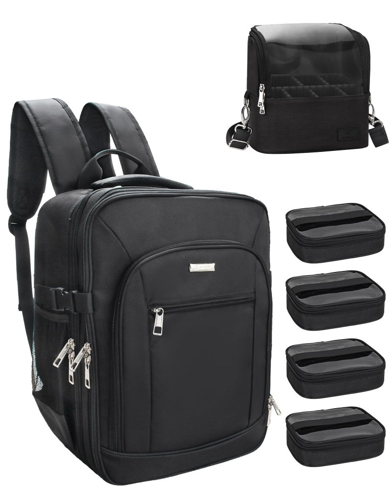 TANTO Makeup Backpack Makeup Artist Bag Professional Extra Large Cosmetic Bags Travel Train Case Storage Organizer Double-Layer Cosmetic Case with 4 Pouch and Brush Organizer (Black, two piece) - Image 1