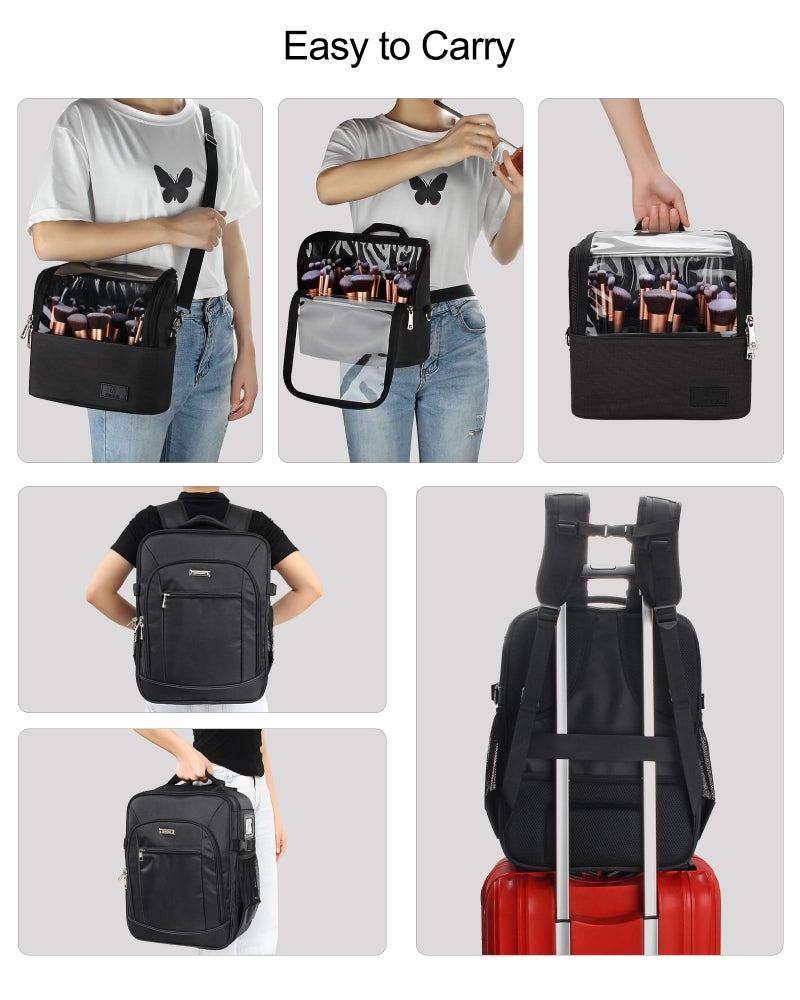 TANTO Makeup Backpack Makeup Artist Bag Professional Extra Large Cosmetic Bags Travel Train Case Storage Organizer Double-Layer Cosmetic Case with 4 Pouch and Brush Organizer (Black, two piece) - Image 5