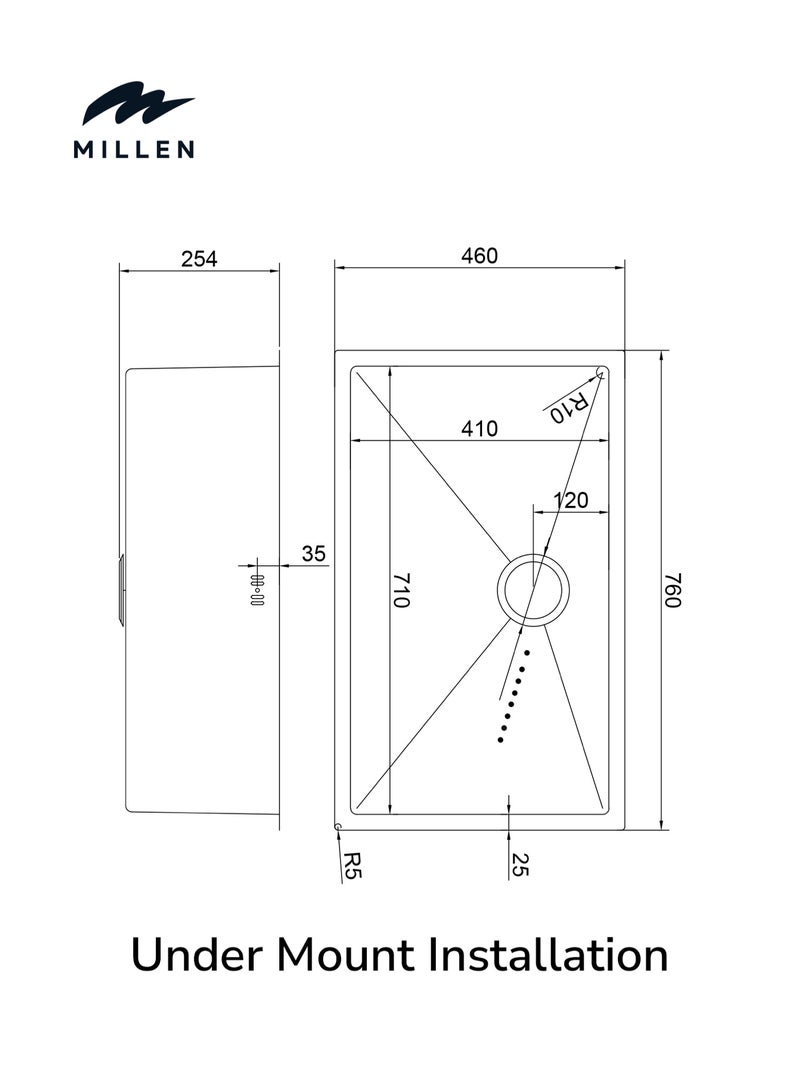 MILLEN Premium Handmade Undermount Single Bowl Sink – SUS 304 Stainless Steel, Soundproof, Satin Finish - MS12764525SS - Image 4