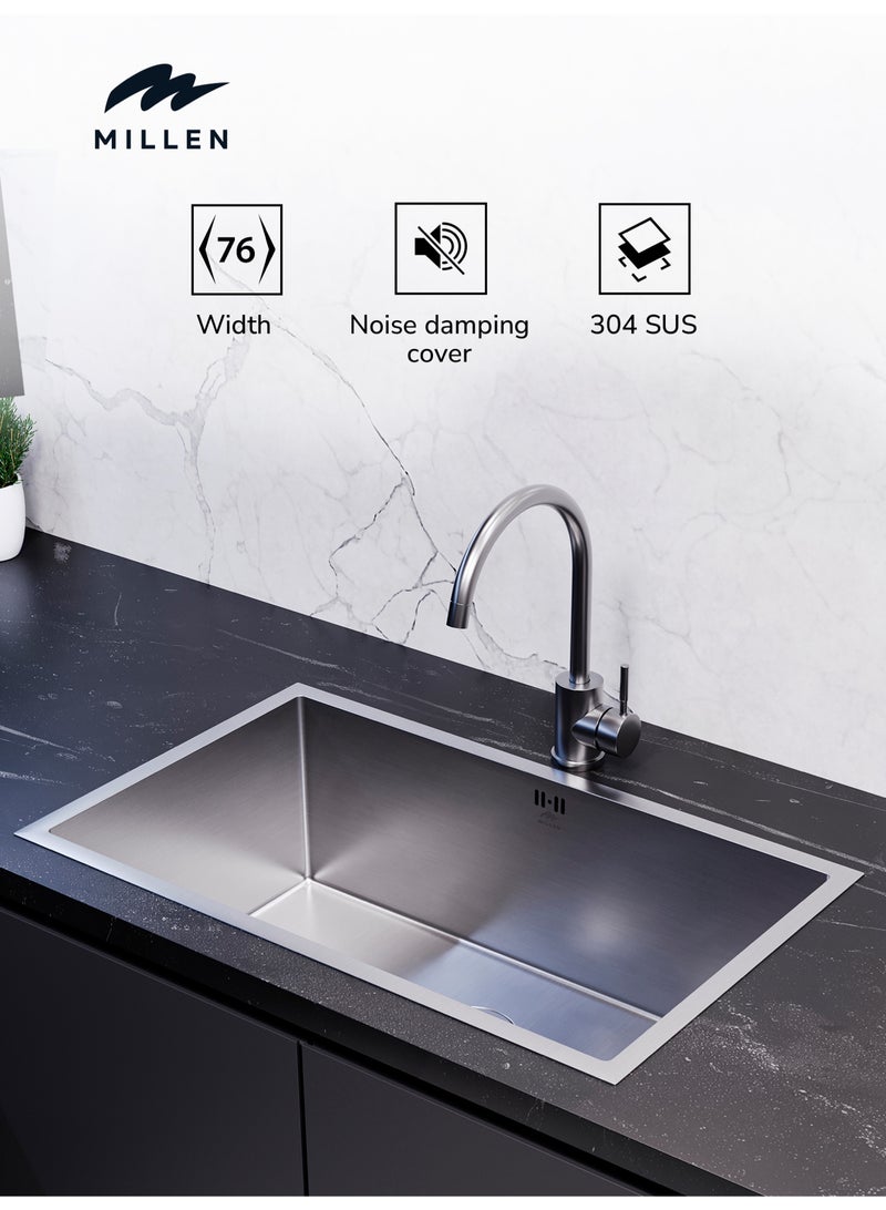 MILLEN Premium Handmade Undermount Single Bowl Sink – SUS 304 Stainless Steel, Soundproof, Satin Finish - MS12764525SS - Image 1