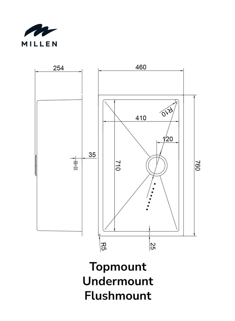 MILLEN Premium Handmade Undermount Top mount  Single Bowl Sink - SUS 304 Stainless Steel, Soundproof, Satin Finish - MS12764525SS - Image 4