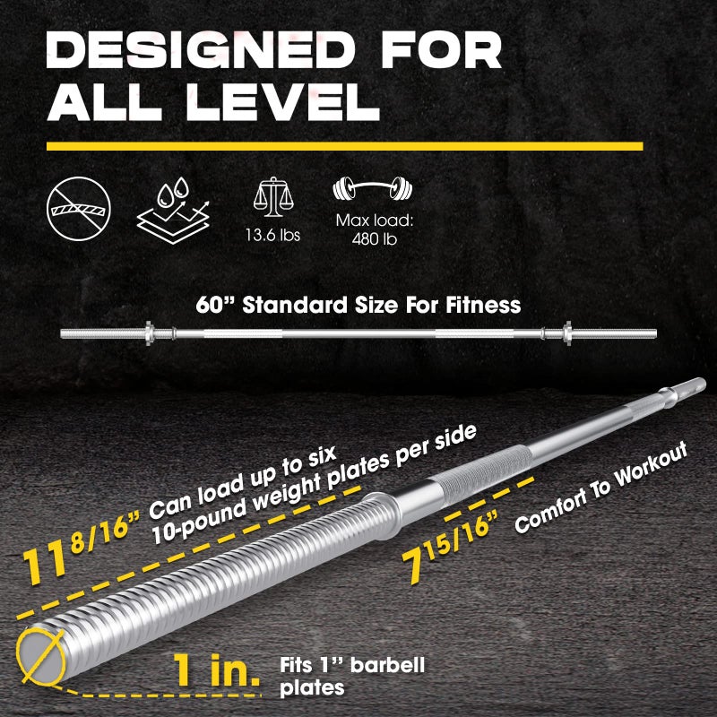 Yes4All 480LB Capacity Standard Straight Barbell 60"/5FT, Weight Bar 1" Diameter with Star Lock Collars & Rubber Ring for Deadlifts, Squats, Powerlifting, and Strength Training - Image 2