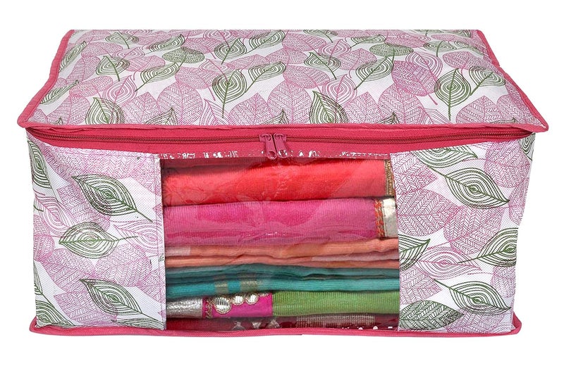 Brand - Solimo Solimo Metalic 8 Piece Non Woven Fabric Clothes Saree Cover Bags Set With Transparent Window Extra Large leafyPink - Image 2