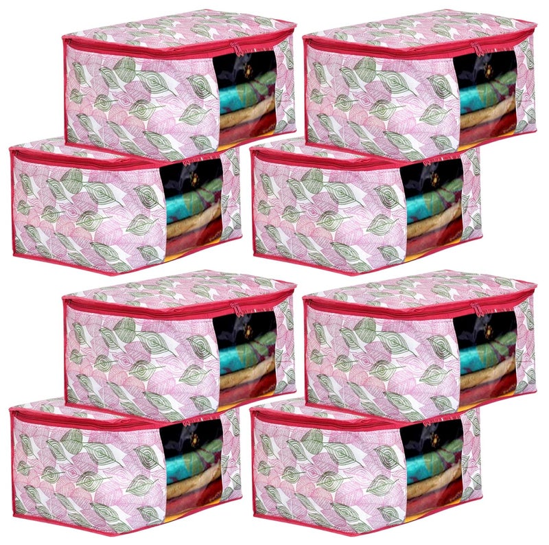 Brand - Solimo Solimo Metalic 8 Piece Non Woven Fabric Clothes Saree Cover Bags Set With Transparent Window Extra Large leafyPink - Image 1