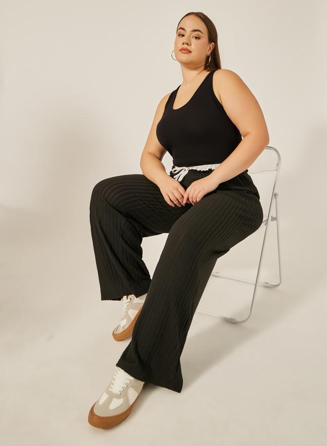 Styli Plus Size Striped High Rise Wide Leg Pants with Drawstring - Image 1