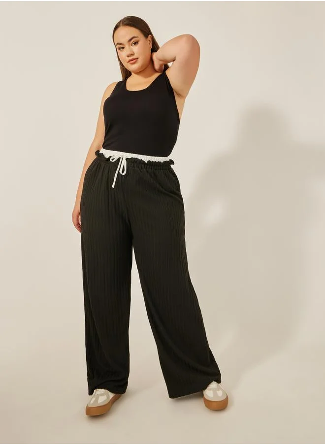 Styli Plus Size Striped High Rise Wide Leg Pants with Drawstring