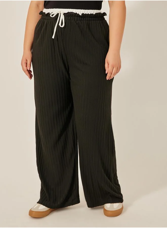 Styli Plus Size Striped High Rise Wide Leg Pants with Drawstring