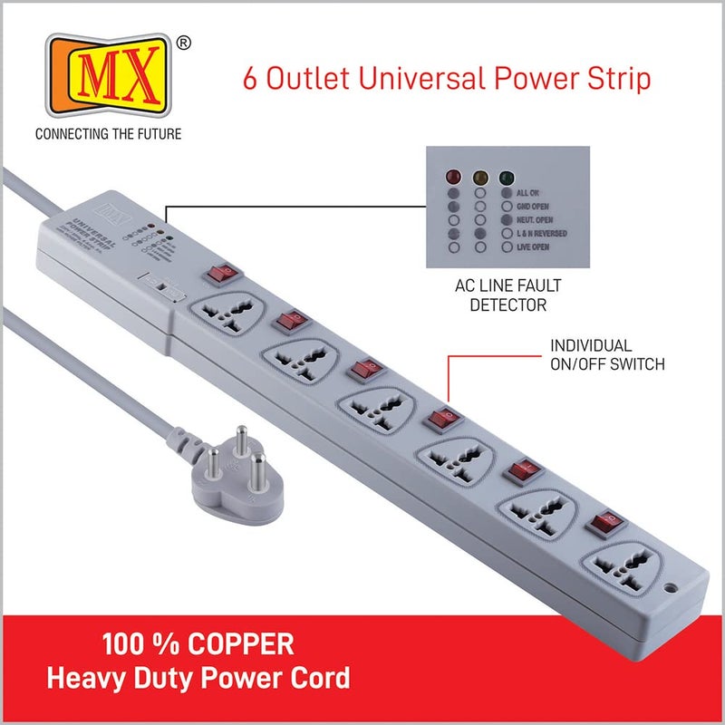 MX Mx Power Strip Extension Board with 6 Universal Socket 5m Extension Cord International Sockets Individual Switch MultiPlug Socket Extension Board for Home Office 5 Amp  - Image 5