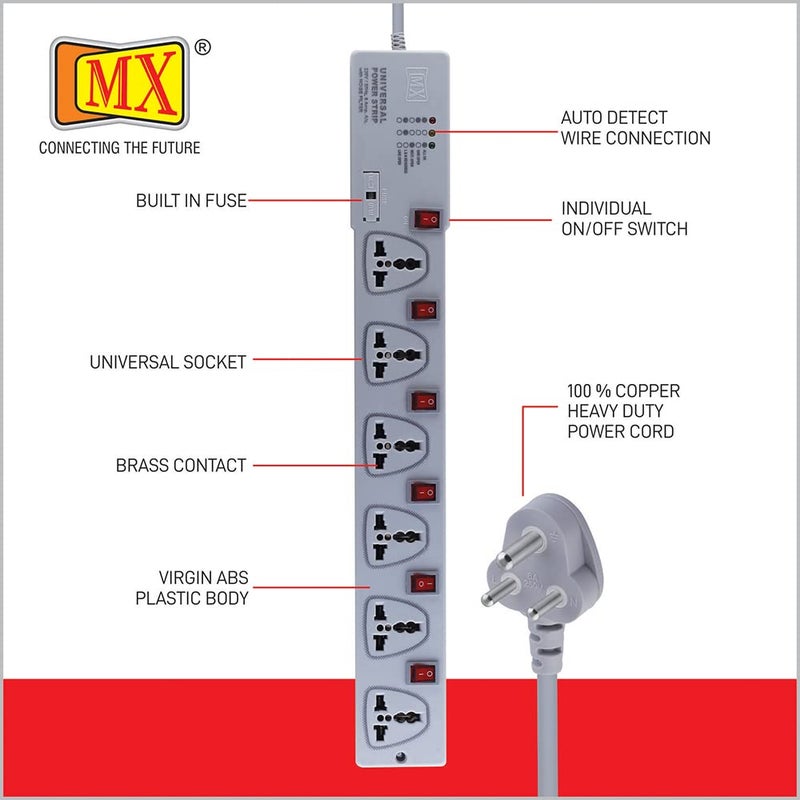 MX Mx Power Strip Extension Board with 6 Universal Socket 5m Extension Cord International Sockets Individual Switch MultiPlug Socket Extension Board for Home Office 5 Amp  - Image 3
