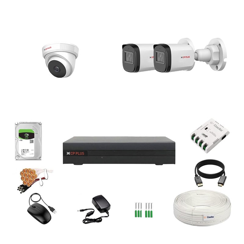 Clocite CP Plus 2.4MP 4 Channel DVR, 2.4MP 1 Dome & 2 Bullet Cameras (Audio Recording) [Night Vision + Built-in MIC Audio + Crystal IR LEDs + Motion Detection] + 1 TB HDD + 4 CH SMPS + CCTV Cable + BNC/DC - Image 1