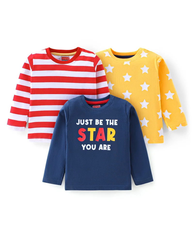 babyhug Babyhug 3-Pack 100% Cotton Printed & Striped Knit Full Sleeves T-Shirts - Multicolor