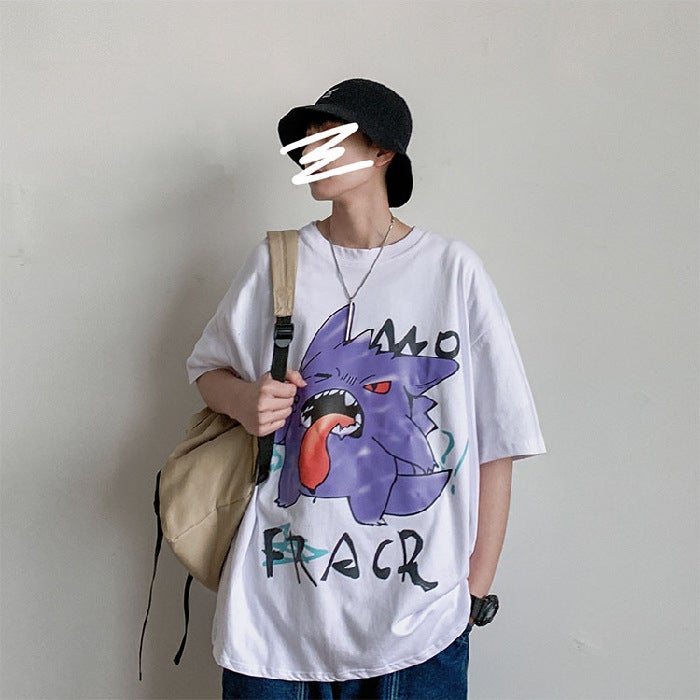 Summer Short-sleeved T-shirt Mens Cartoon Thin Trendy Hong Kong Style Half-sleeved Simple ins Blue Half-sleeved Loose Top Grass Green  - Image 2