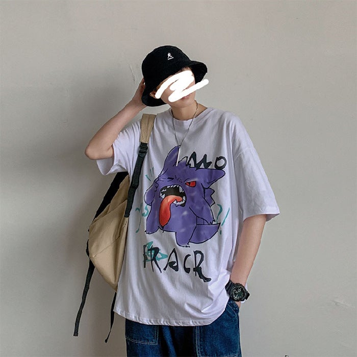 Summer Short-sleeved T-shirt Mens Cartoon Thin Trendy Hong Kong Style Half-sleeved Simple ins Blue Half-sleeved Loose Top Grass Green  - Image 5