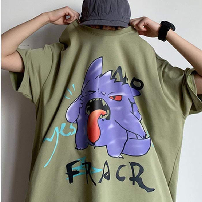 Summer Short-sleeved T-shirt Mens Cartoon Thin Trendy Hong Kong Style Half-sleeved Simple ins Blue Half-sleeved Loose Top Grass Green  - Image 1