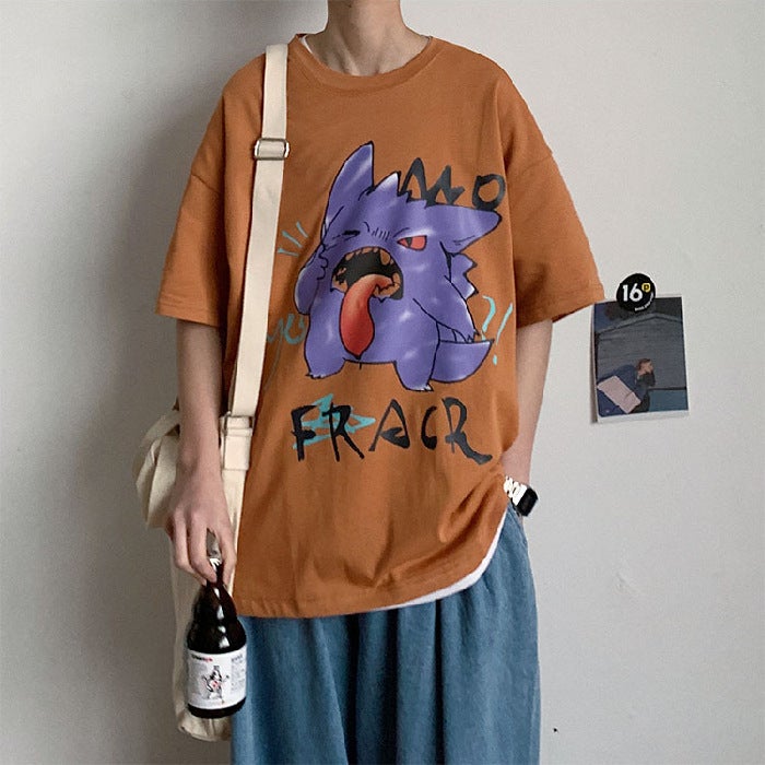Summer Short-sleeved T-shirt Mens Cartoon Thin Trendy Hong Kong Style Half-sleeved Simple ins Blue Half-sleeved Loose Top Grass Green  - Image 3