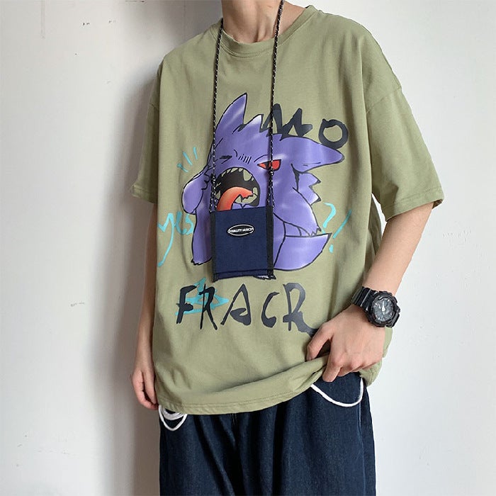 Summer Short-sleeved T-shirt Mens Cartoon Thin Trendy Hong Kong Style Half-sleeved Simple ins Blue Half-sleeved Loose Top Grass Green  - Image 4