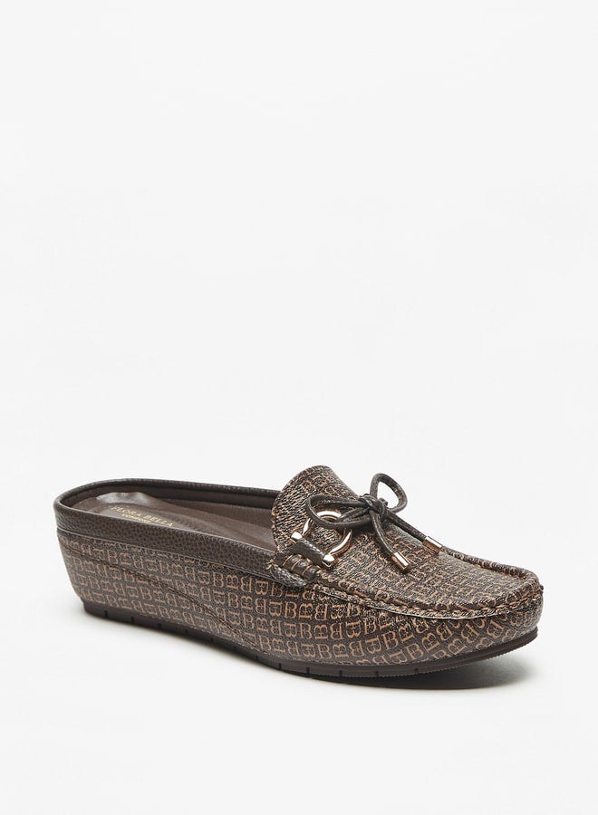 Flora Bella By Shoexpress Logo Print Slip On Mules with Wedge Heels and Bow Accent  - Image 1