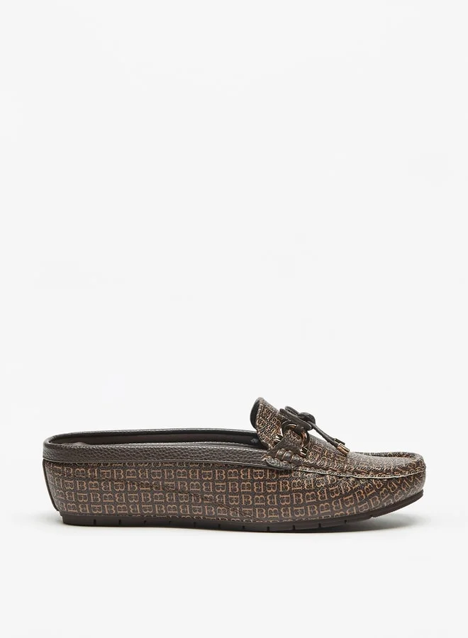 Flora Bella By Shoexpress Logo Print Slip On Mules with Wedge Heels and Bow Accent