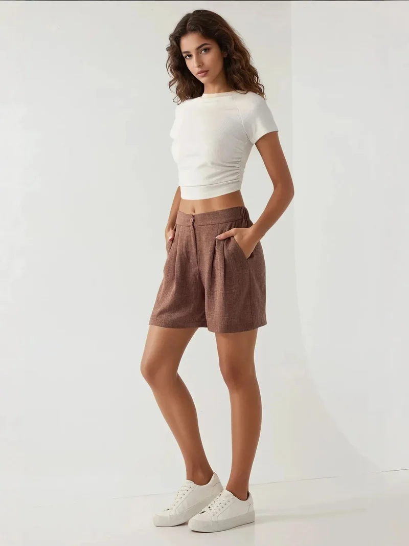 زوبعة شورت ليوسل ناعم بخصر مرتفع وطيات