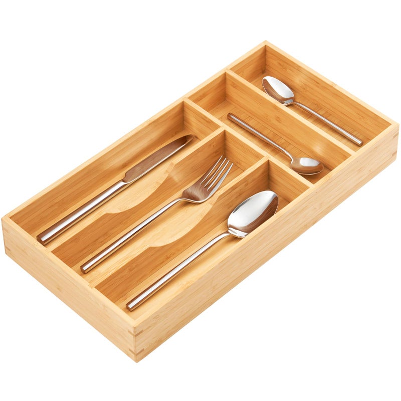Umilife Bamboo Kitchen Drawer Organizer, 8 Inch Silverware Utensils Tray Holder for Small Drawer, Wood Caddy for Flatware Cutlery Knives - Image 1