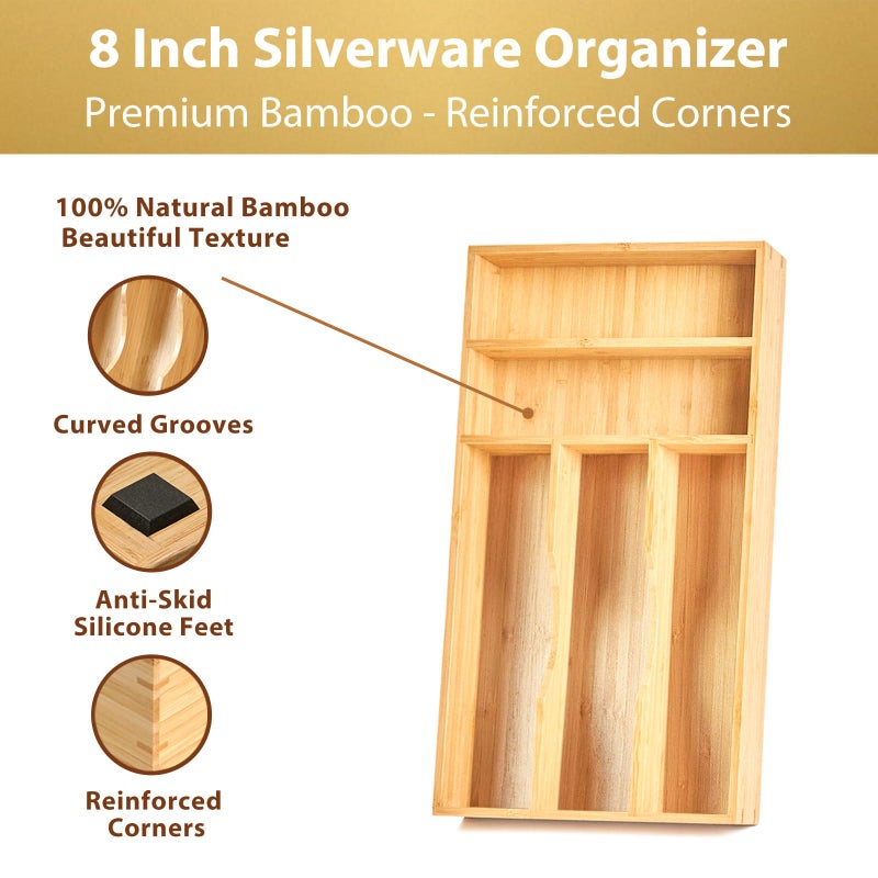 Umilife Bamboo Kitchen Drawer Organizer, 8 Inch Silverware Utensils Tray Holder for Small Drawer, Wood Caddy for Flatware Cutlery Knives - Image 2