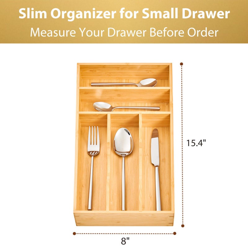 Umilife Bamboo Kitchen Drawer Organizer, 8 Inch Silverware Utensils Tray Holder for Small Drawer, Wood Caddy for Flatware Cutlery Knives - Image 5