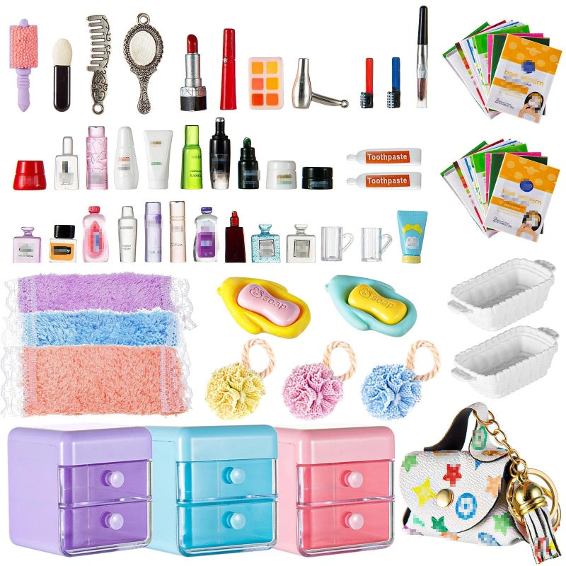 GALAOMA 72Pcs Dollhouse Mini Jewelry Storage Case Handbag Towel Cosmetic Set Bathroom Acessories Toothbrush Shampoo Perfume Hair Dryer Comb Purse Decor DIY Doll Backpack Girl Micro Scene - Image 1