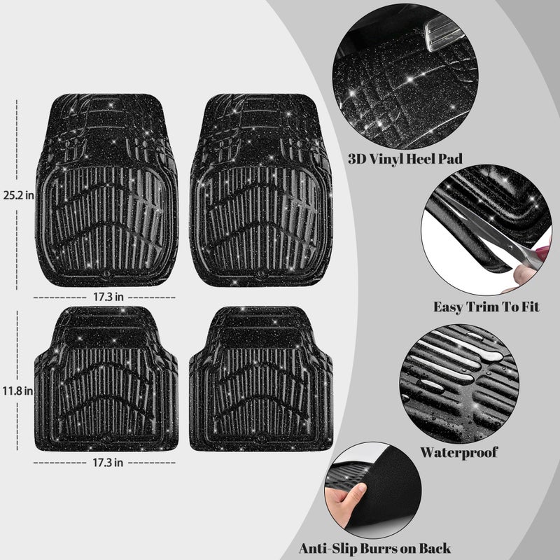 CAR PASS Shining Glitter Car Floor Mats 3D Leather Waterproof All Weather, Universal Trim to Fit & Anti-Slip, Safety & Light Easy Clean Install Fit for SUV,Truck,Auto,Sedan,Van 4 Piece (Black Glitter) - Image 3