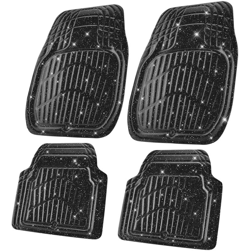 CAR PASS Shining Glitter Car Floor Mats 3D Leather Waterproof All Weather, Universal Trim to Fit & Anti-Slip, Safety & Light Easy Clean Install Fit for SUV,Truck,Auto,Sedan,Van 4 Piece (Black Glitter) - Image 1