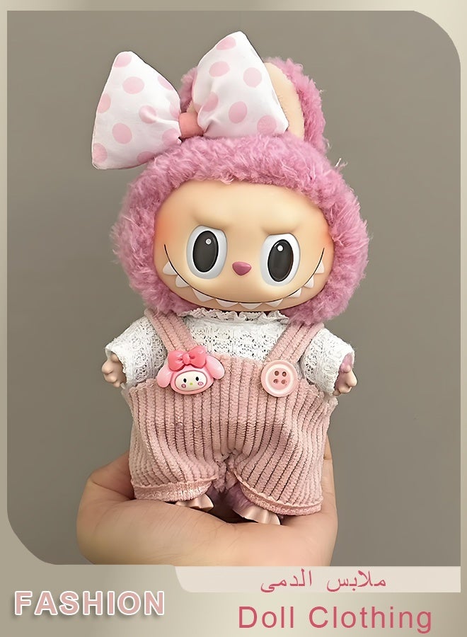 La Boos Labubu Clothes - 3-Piece Labubu Clothing Set，17 Cm Labubu Original Doll Stylish And Chic Set - White Clothing + Pink Overalls + Bow hair accessories - Image 1
