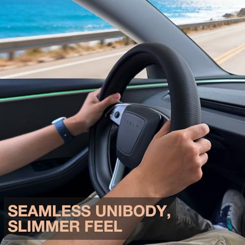 PINCTROT Nappa Leather Steering Wheel Cover for Tesla Model Y/3 Highland/Juniper, D Shaped 14 Inch Small Sized with Breathable Perforation, Fit Like Gloves, Flat Bottom 14 Inch(Nappa Black) - Image 2