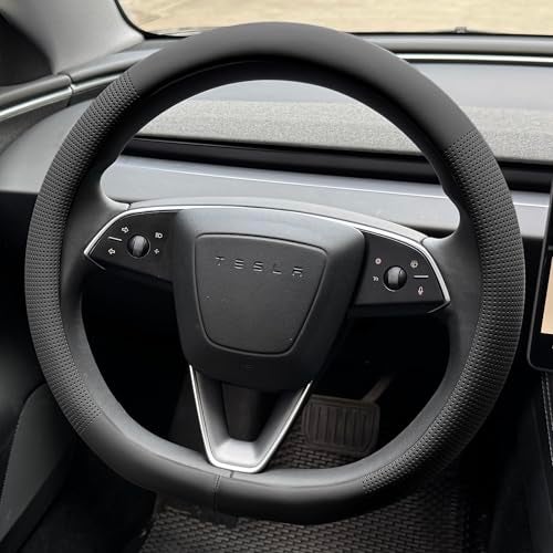 PINCTROT Nappa Leather Steering Wheel Cover for Tesla Model Y/3 Highland/Juniper, D Shaped 14 Inch Small Sized with Breathable Perforation, Fit Like Gloves, Flat Bottom 14 Inch(Nappa Black) - Image 1
