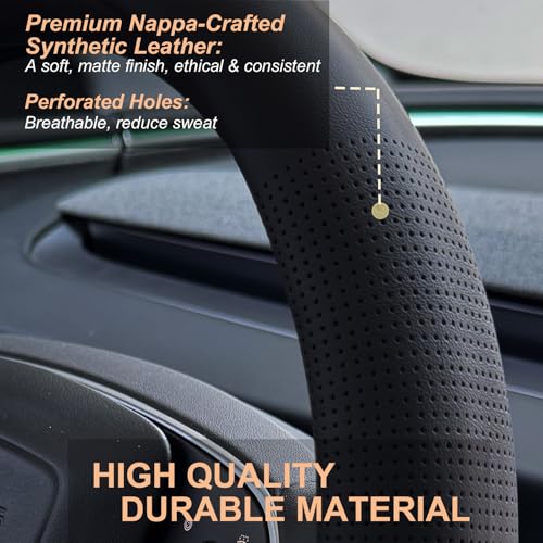 PINCTROT Nappa Leather Steering Wheel Cover for Tesla Model Y/3 Highland/Juniper, D Shaped 14 Inch Small Sized with Breathable Perforation, Fit Like Gloves, Flat Bottom 14 Inch(Nappa Black) - Image 3
