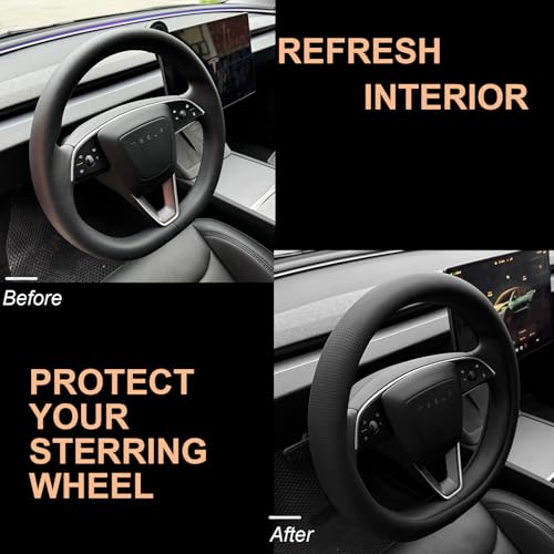 PINCTROT Nappa Leather Steering Wheel Cover for Tesla Model Y/3 Highland/Juniper, D Shaped 14 Inch Small Sized with Breathable Perforation, Fit Like Gloves, Flat Bottom 14 Inch(Nappa Black) - Image 4