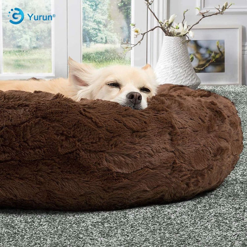 YURUN Dog Bed, Pet Bed, Cat Bed, Dog Sofa, Cat Sofa, Washable Dog Bed, Fluffy Round Dog Cushion for Large and Extra Large Dogs, Brown, 120 x 120 x 20 cm - Image 2