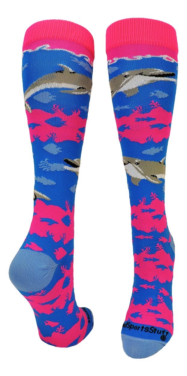 MadSportsStuff Happy Dolphins Over the Calf Socks (Electric Blue/Neon Pink, Medium) - Image 1