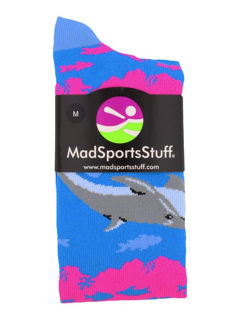 MadSportsStuff Happy Dolphins Over the Calf Socks (Electric Blue/Neon Pink, Medium) - Image 2
