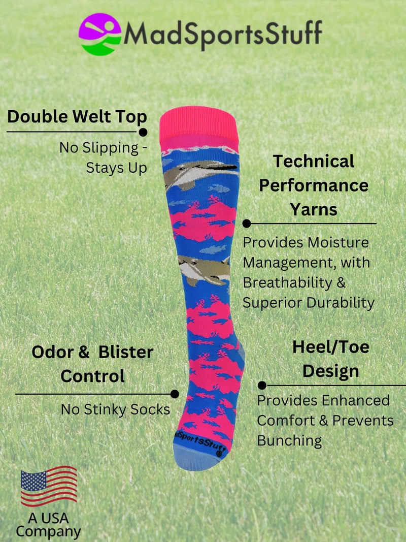 MadSportsStuff Happy Dolphins Over the Calf Socks (Electric Blue/Neon Pink, Medium) - Image 3