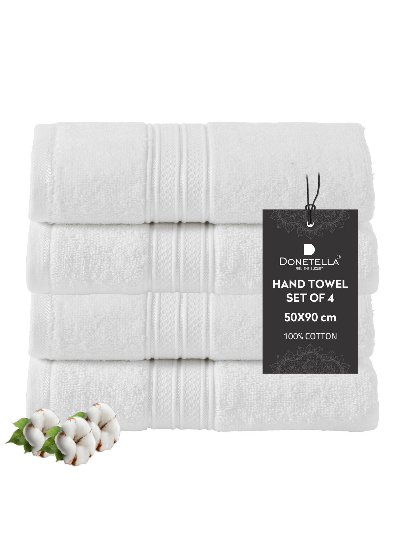 Donetella Premium 100 % Combed Cotton 4-Pcs Hand Towel Set (50 X 90 CM) 600 GSM Super Soft Hand Towel, Highly Absorbent, Quick Dry,Best Towel for Bathroom, Spa And Hotel,White
